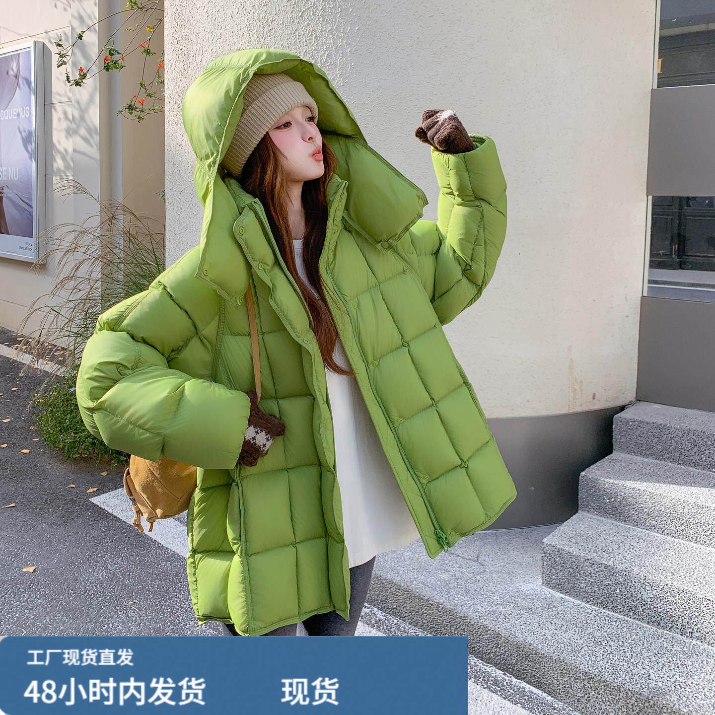 韩系chic连帽方块泡芙羽绒服女2025冬新款甜美减龄宽松面包服外套