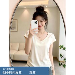抽绳设计正肩袖V领杏色短袖T恤女夏季微胖大尺码显瘦百搭超好看上