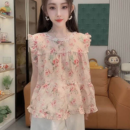 夏甜美碎花无袖雪纺衫减龄娃娃衫