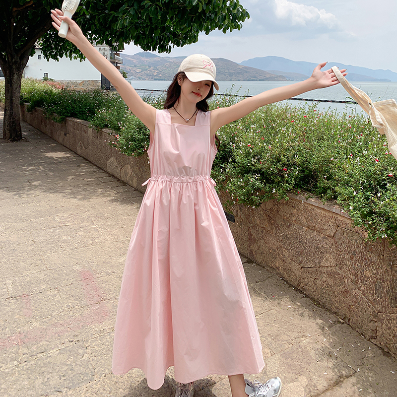 粉色甜美减龄显瘦学院风桔梗a字长裙女夏新款时尚收腰无袖连衣裙