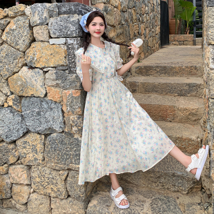 穿搭森系田园复古风甜美娃娃领小个子长裙 碎花连衣裙女2025春夏季