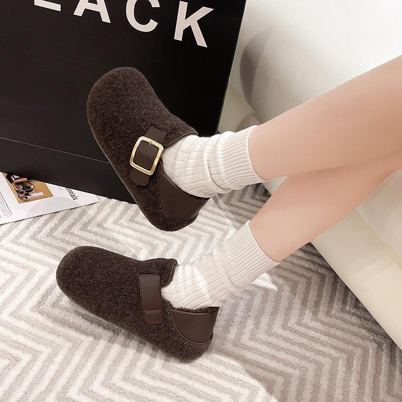 新款加绒保暖内增高勃肯鞋女2025冬季百搭两穿毛呢懒人小个子棉鞋