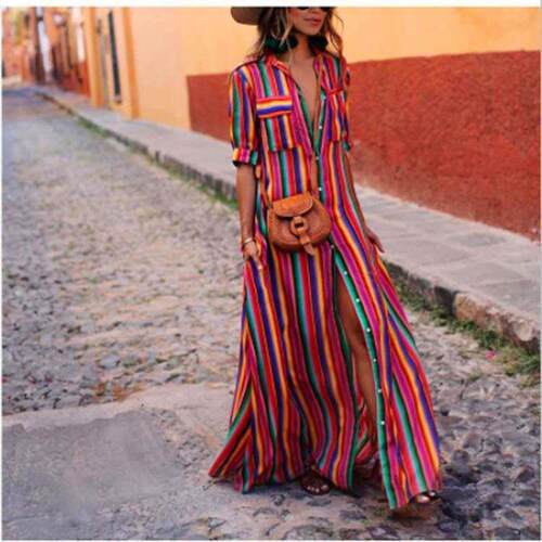 Women's Long Sleeves Loose Split-Joint Striped Lapel Maxi