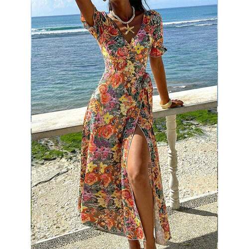 Tropical Floral Print Wrap Dress  V Neck Slit Design