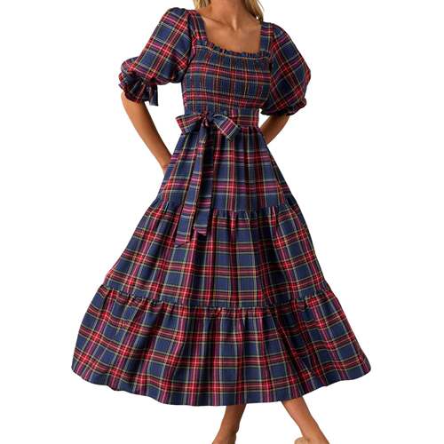 Women Christmas Plaid Maxi Dress Fall Ruffle Midi Sleeve