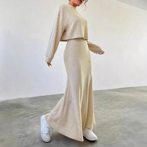 Women's Solid Color Long Sleeve Top & Long Dress Set Casual