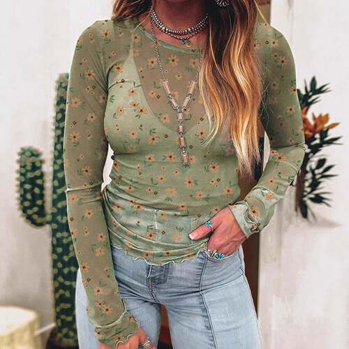Women's Vintage Floral Print Southern Style Mesh Long-Sve