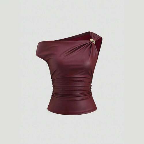 Women's Leather Metal Decor Casual Fashion Top  Irregular