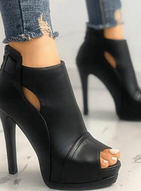Women's Peep Toe High Heel Ankle Boots Black Cut-out Back