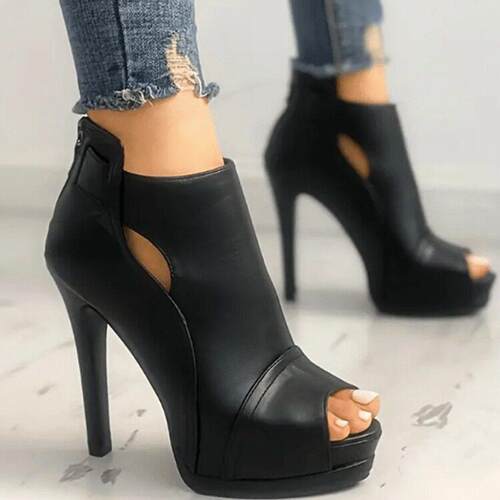 Women's Peep Toe High Heel Ankle Boots Black Cut-out Back
