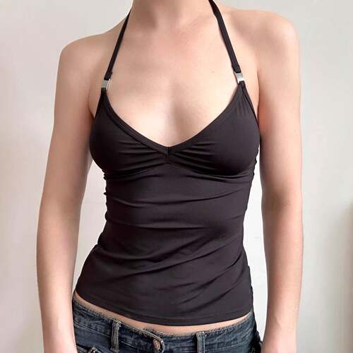 Womens V Neck Backless Crop Short Basic Top Y2K Style Metal