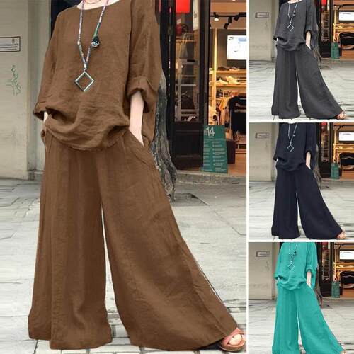 Solid Color Top & Wide Leg Pants Two-piece Set Vintage Set