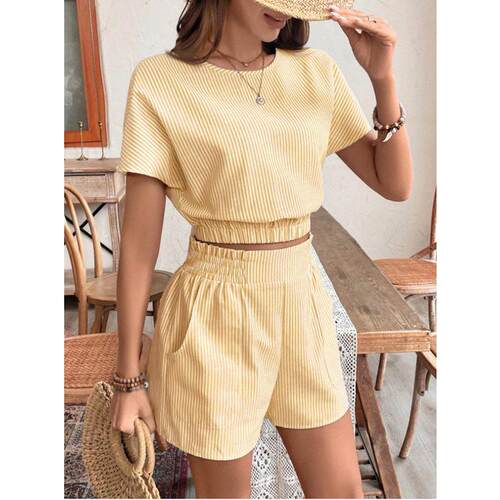 Two-Piece Set Women's Striped Print Batwing Sve Fitted Crop