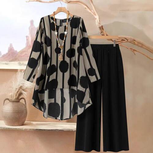 round neck Fitted irregular print Woven fabric long-sleeved