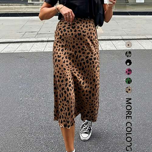 Women's Leopard Print Midi Skirt High Waist Fit Smooth
