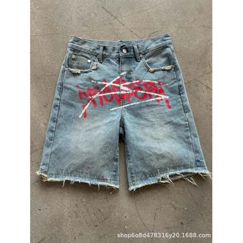Hip hop baggy jean men's lettered color printed denim ripped