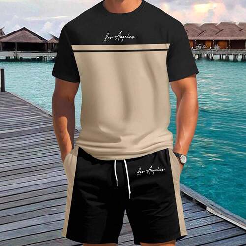 Men’s summer new set: knitted short-sleeve printed top +