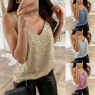 Fashion Women Sequins Tank Top 2024 New Summer Sexy Halter
