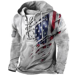 Retro Flag Print Hoodie Cool Lace Up Hoodies For Men Mens