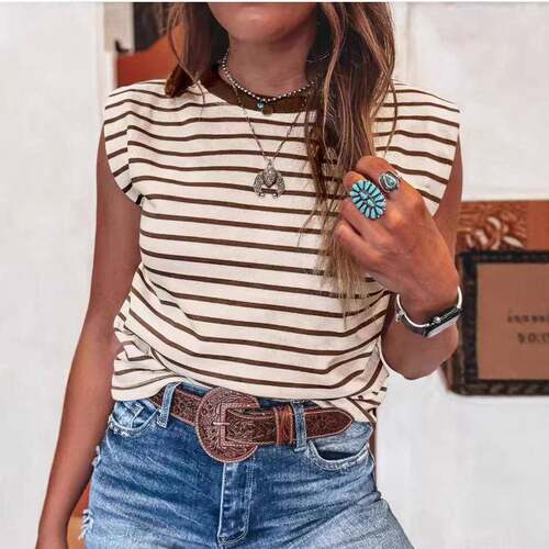 Stripe Ribbed Round Neck Trim Loose Tank Top  Round Neck