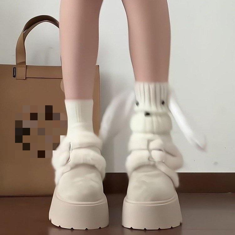 白色松糕厚底雪地靴女2025冬季新款小个子增高加绒保暖勃肯棉鞋子