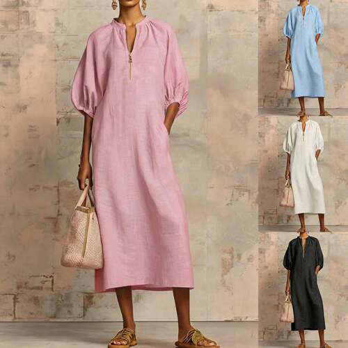 Women's Oversized Flowy Dress Casual Boho Puff Sleeve Linen