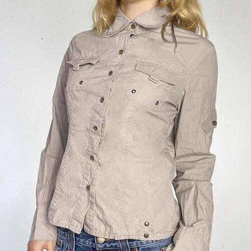 Womens Retro SlimFit Pocket Patchwork Shirt Blouse Casual