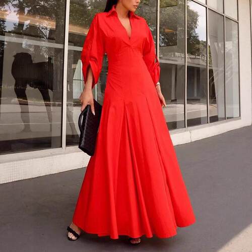 Women New Prom Elegant Cotton Pleated with Pockets Maxi