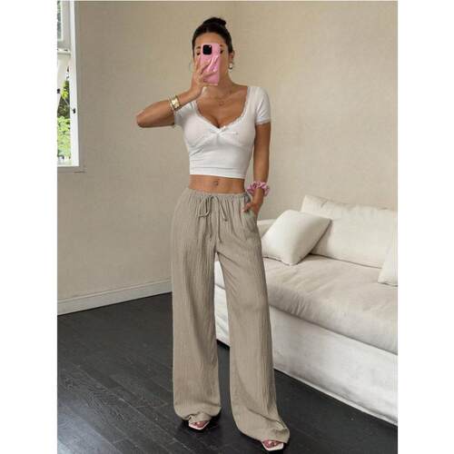 Women's Casual Solid Color Textured Fabric Drawstring Loose