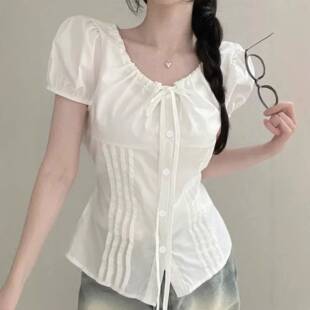 Pure Color Round Neck Bow Tie Button Shirt Blouse Y2K Bubble