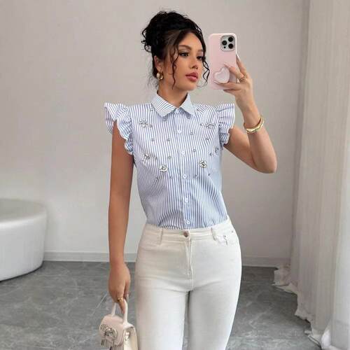 Star Embroidery Notched Neck Blouse Casual Flounce Sleeve