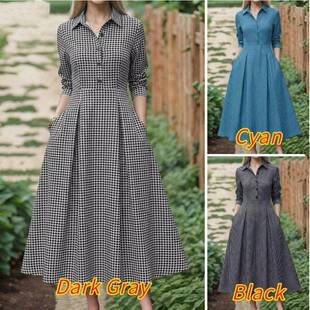 Women's Gingham Button Front Dress  Long Sleeve A-Line Midi