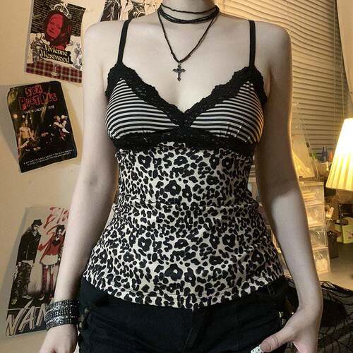 Women's Leopard Lace Splicing V-Neck Backless Sexy Retro