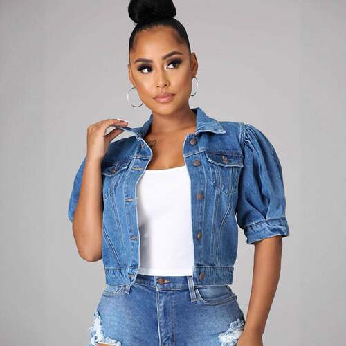 Women Front Button Short Sleeve Simple Denim Jacket Casual