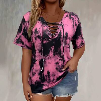 Women's Plus Size Tie-Dye Bow Front T-Shirt  Casual Pattern