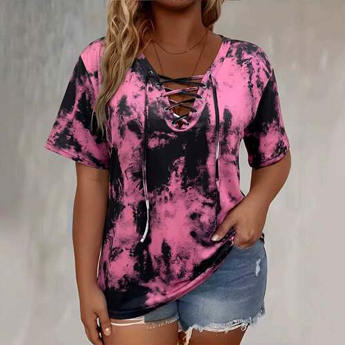 Women's Plus Size Tie-Dye Bow Front T-Shirt  Casual Pattern