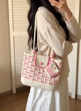 手工编织小方糖单肩钩织托特包DIY材料包可爱少女心空心股纱材料