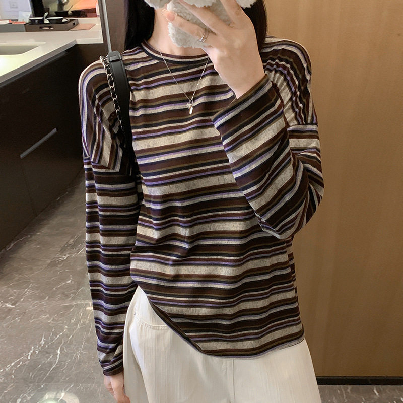 韩系复古撞色条纹长袖T恤女