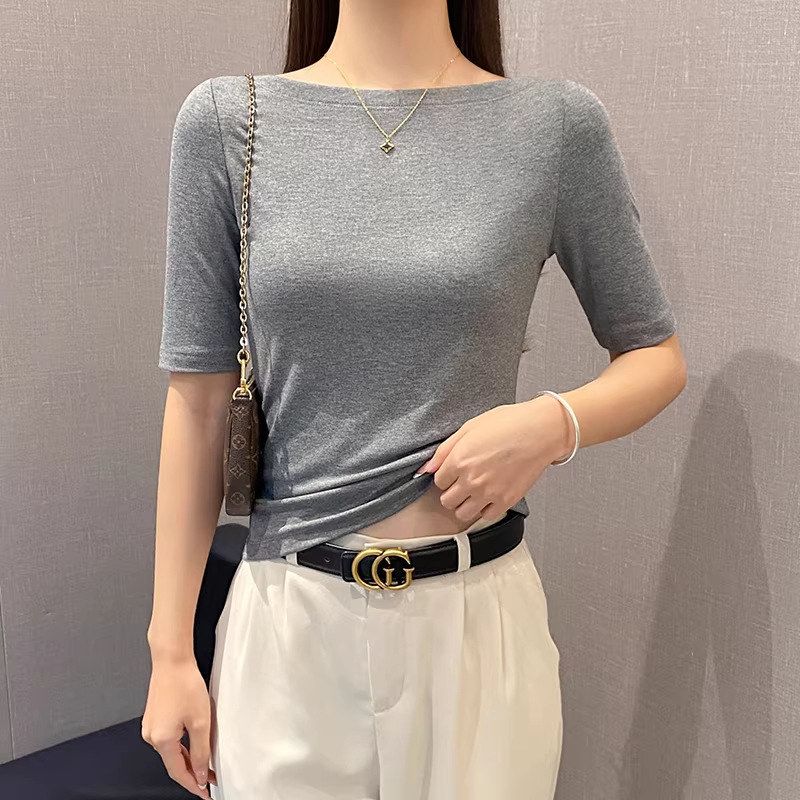 夏季一字肩显瘦五分袖T恤女