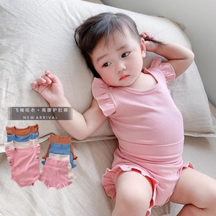 婴儿哈衣夏装儿童家居服套装女宝宝木耳边上衣女童高腰短裤两件套
