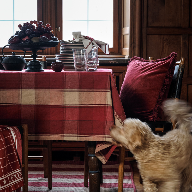 Lexington棉麻红沙格纹长方形桌布家用桌骑方形白色绣花餐巾围裙