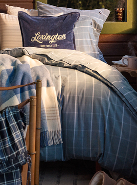 Lexington三件套府绸雾蓝白窗格纹纯棉床单被套四件套家用床品