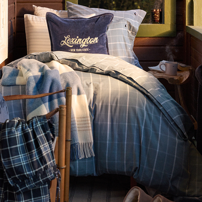 Lexington三件套府绸雾蓝白窗格纹纯棉床单被套四件套家用床品