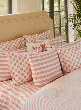 Lexington三件套府绸蓝色海螺印花床品棉缎粉色珊瑚印花四件套