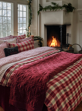 Lexington三件套假日法兰绒红沙格纹纯棉四件套床单被套床上用品