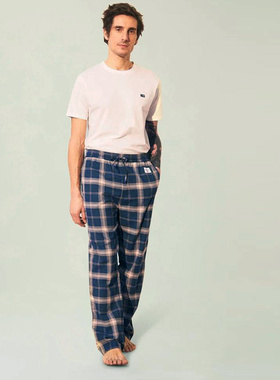 Lexington纯棉白色圆领短T男士康拉德法兰绒蓝色格纹短袖长款睡裤