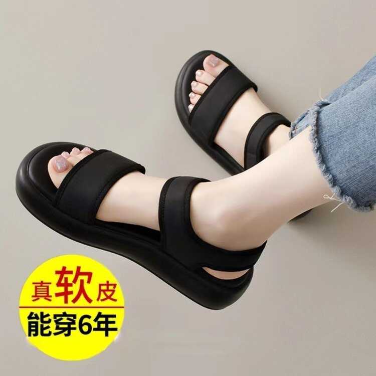 大东妞沙滩凉鞋女平底魔术贴运动2025夏季新款休闲外穿黑色凉拖鞋