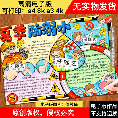 夏季防溺水手抄报模版中小学生假期安全教育珍爱生命预防溺水