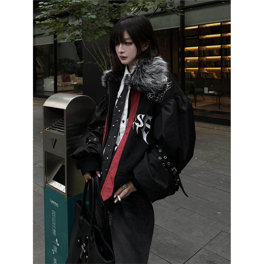 y2k亚文化黑色毛领棉服外套女冬季加厚保暖棉衣刺绣视觉系上衣潮,个性定制/设计服务/DIY,棉服工装,淘宝优惠券,粉丝福利购,淘宝优惠卷