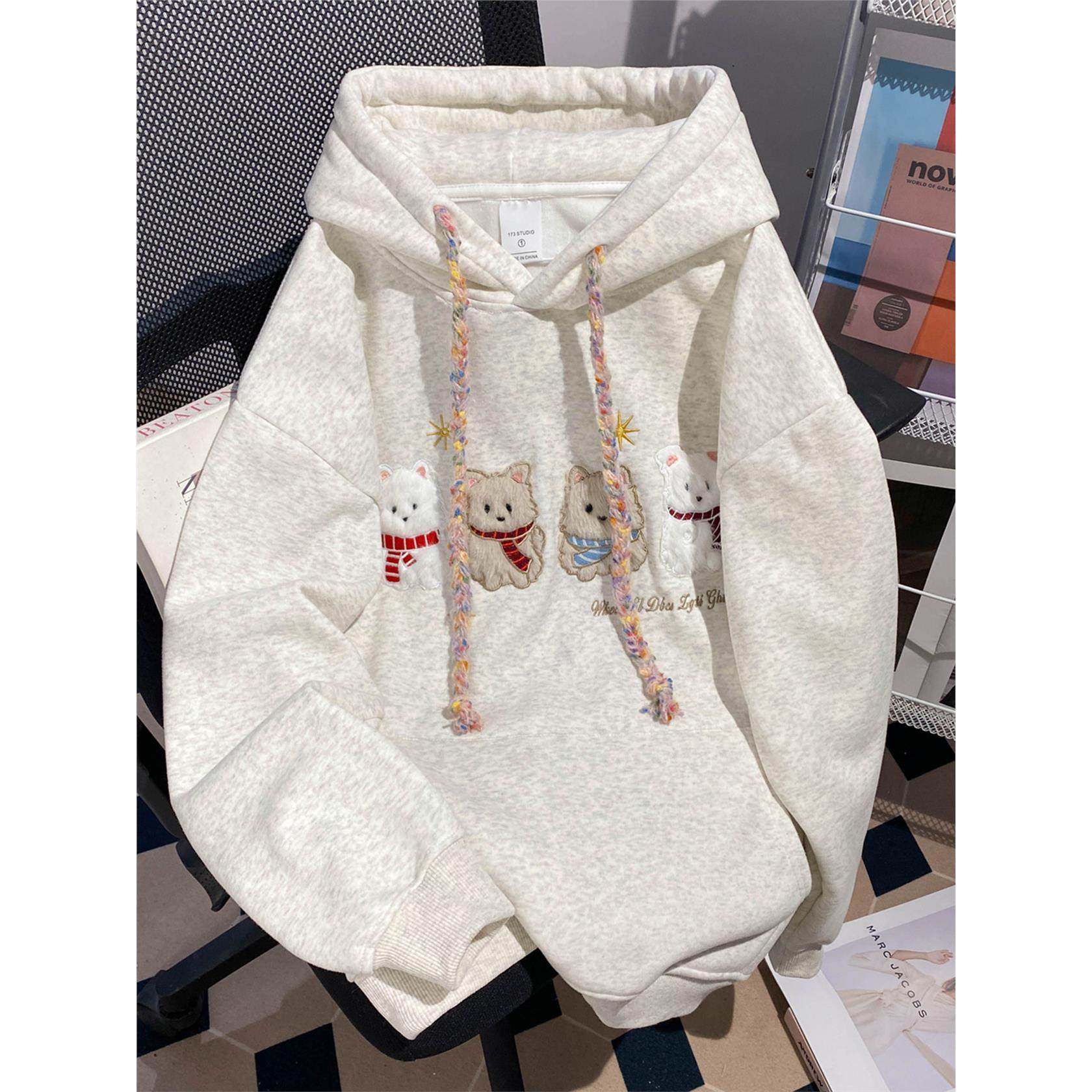 毛绒小狗刺绣连帽卫衣女2025新款秋冬季加绒加厚宽松慵懒风外套潮